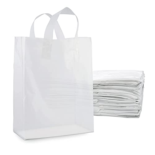 Prime Line Packaging Plastic Gift Bags with Handles, Clear Tote for Shopping, Small Business, Frosted Boutiques Supply, Retail, Bulk, 10x5x13 100 Pack