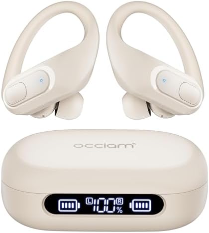 occiam Wireless Earbuds Bluetooth Headphones 96Hrs Playback Sport Ear Buds with Earhooks Microphone in-Ear Earphones Stereo Sound for Laptop Pad Phones Workout Running Exercise Gym (Ivory, M)