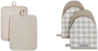 KitchenAid Ribbed Soft Silicone Water Resistant Pot Holder Set, Milkshake (2 Piece Set, 7"x9") and KitchenAid Gingham Mini Oven Mitt 2-Pack Set, Milkshake Tan (5.5"x8")