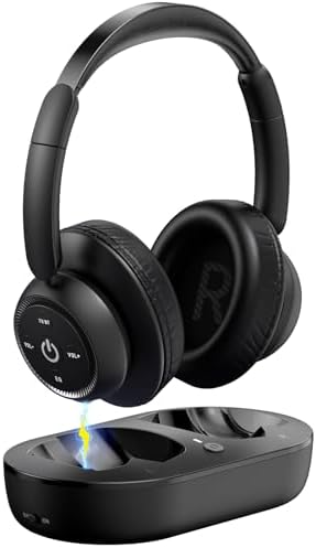 Wireless Headphones for TV Watching, TV Headphones Wireless for Seniors with Transmitter Charging Base, Support Optical,AUX,RCA and USB, High Volume No Audio Delay, Plug and Play, Black