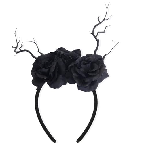 Halloween Chritmas Flower Crown Branch Headband,Handmade Antler Flower Branches Headband,Dark Forest Witch Costume Headpiece Headband Hair Band Photo Forest Goddess Headdress Headwear (Black-Rose)