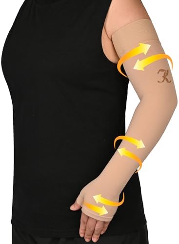 KEKING Lymphedema Compression Arm Sleeve with Gauntlet for Women Men, 20-30 mmHg Medical Graduated Compression Arm Brace, Full Arm Support Brace for Pain Relief, Arthritis, Swelling, Single Beige M