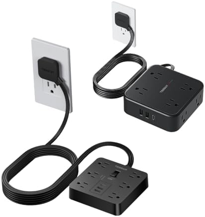 Surge Protector Flat Plug Power Strip, Black Extension Cord 5 FT with 3 USB Charger (1 USB C), Multiple Outlets Charging Station for Home, Office, College Dorm Room