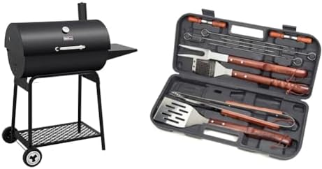 Royal Gourmet CC1830 30 Barrel Charcoal Grill with Side Table, 627 Square Inches & Cuisinart CGS-W13 Wooden Handle Tool Set, Black, Deluxe Pizza Grilling Pack (13-Piece)