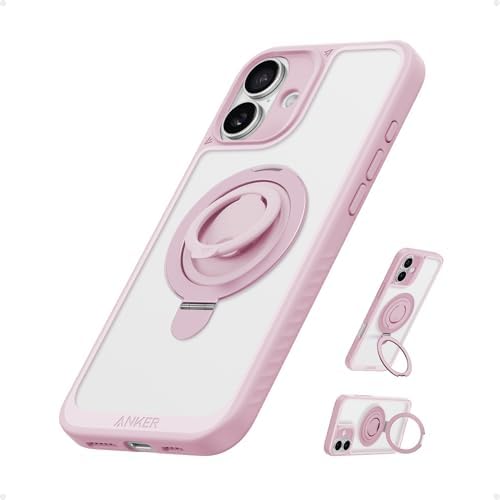 Anker Magnetic Ring Stand for iPhone 16 Case, Silicone Finger Ring Grip Stand Holder, Military Grade Drop Tested, Compatible with MagSafe, Built in Kickstand, Soft Edge Anti-Fingerprint, Pink