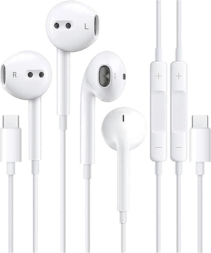 2 Packs USB C Headphones for iPhone 16 15 Earbuds with Microphone & Volume Control HiFi Stereo Type C Earphones for Galaxy S23/S22/S21/S20/Ultra Note 10/20, for iPad Pro Pixel 7/6/6a/5/4 OnePlus 9 8