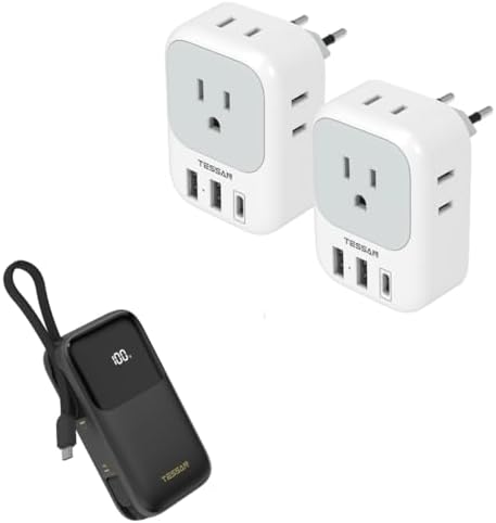 2 Pack European Travel Plug Adapter USB C, TESSAN US to Europe Plug Adapter with 4 Outlets 3 USB Charger, Type C Power Adaptor to Italy Spain France Portugal Iceland with Portable Battery Pack