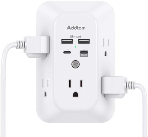 Outlet Extender Surge Protector - Addtam 5-Outlet Splitter with 4 USB Wall Charger(PD 30W), Multi Plug Wall Outlet Power Strip for Home, Dorm Room Essentials