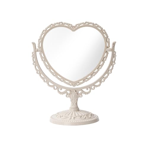 XPXKJ 7 Inch Vintage Heart Mirror - Elegant Desk Makeup Mirror with Double Sided 360 Degree Rotation Vanity Mirror for Coquette Room Decor (Beige 1pcs)