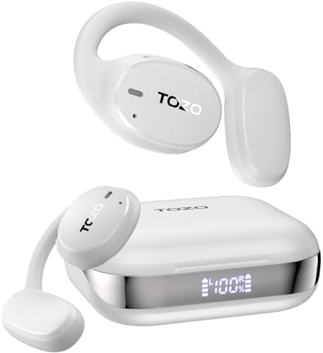 TOZO OpenEgo True Wireless Open Ear Headphone, 5.3 Bluetooth Sport Earbuds with Earhooks for 80H Playback with Digital Display, 32 EQ Modes Dual Mic Clear Call Sweat-Proof for Running Workout White
