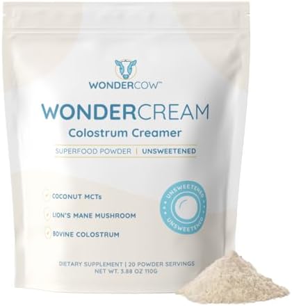 WonderCow Bovine Colostrum Superfood Creamer Supplement Powder w/Organic Lions Mane Mushroom & Coconut Milk Powder MCTs | Functional Sugar Free Keto Coffee, Smoothie & Drink Mix Unsweetened