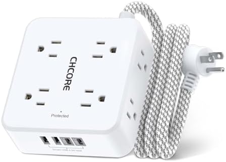 Surge Protector Power Strip - CHCORE 5Ft Braided Extension Cord with 8 Outlets with 4 USB (2 USB C) Charging Ports, Flat Plug Multi Plug Outlet Extender Charging Station for Home Office, ETL, White