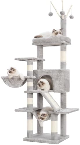 Cat Tree, 63 inch Multi-Level Cat Tower for Indoor Cats, Cat Condo with Cat Scratching Post and Board, Cat Hammock, Light Gray GCT011W
