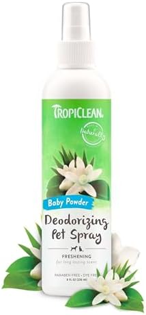 TropiClean Dog Perfume, Long Lasting Baby Powder Cologne, Deodorizing Spray for Smelly Dogs, After Bath Detangling Spray with Vitamin E, Safe for Cats, 8oz.