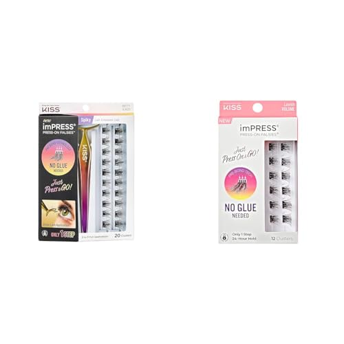 KISS imPRESS Falsies False Eyelash Clusters, Spiky', 16 mm, 20 Pieces & 'Lavish Volume', 12-14mm, 12 Pieces