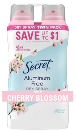 Secret Dry Spray Aluminum Free Deodorant for Women, 48hr Weightless Odor Protection, Gentle on Skin, Cherry Blossom Scent, 4.1 oz (Pack of 2)