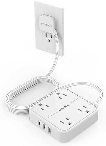 Flat Extension Cord 10 FT, TESSAN Surge Protector Power Strip 10 Feet with 4 Outlets 3 USB Wall Charger (1 USB C), Surge Protection, Ultra Thin Long Power Cord Mountable for Indoor Essentials, White