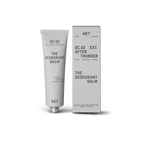 AKT, THE DEODORANT BALM. Award winning, multi-use, natural deodorant. Plastic Free. Gender Free. Aluminium Free. 100% effective — 1 tube lasts up to 3 months. SC.02 AFTER THUNDER. 1.7 Ounce