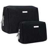 2 Pack Vegan Leather Makeup Bag Zipper Pouch Travel Cosmetic Organizer for Women (Large (Pack of 2), Pure Black)