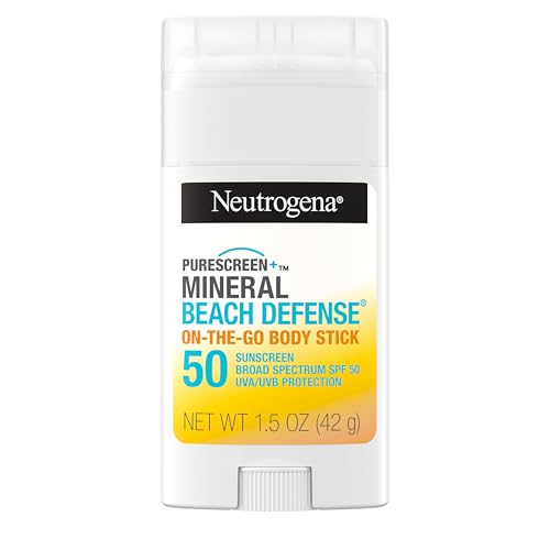 Neutrogena Purescreen+ Mineral Beach Defense On-The-Go Body Sunscreen Stick with Broad Spectrum SPF 50, Water Resistant UVA/UVB Protection, Absorbs Quickly & Dries Clear, 1.5 oz