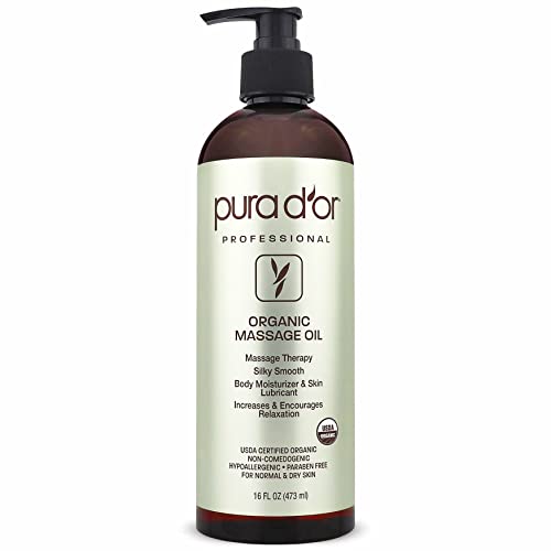 PURA D'OR 16 Oz Organic Massage Therapy Oil USDA Certified Almond, Apricot, Argan, Ginger, Jojoba, Lavender Oils for Silky & Softer Skin, Body Moisturizer & Skin Lubricant