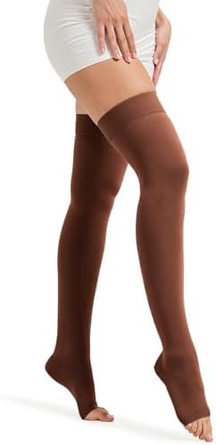 MGANG Medical Thigh High Compression Stockings for Men & Women, Pair, Open Toe, 15-20 mmHg Graduated Compression Support Hose, Opaque, Best for Varicose Veins, Edema, Flight, DVT, Swelling, Brown XL