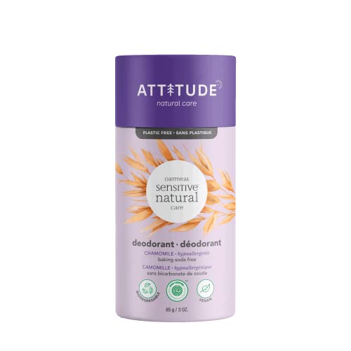 ATTITUDE Baking Soda Free Deodorant for Sensitive Skin with Oatmeal and Chamomile, EWG Verified, Aluminum Free, Plastic-Free, 3 Ounces