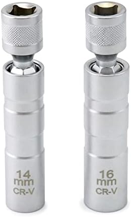 QWORK 14mm&16mm Magnetic Swivel Spark Plug Socket, Thin Wall Magnetic Rotating 3/8" Drive 12 Point Standard Spark Plug Socket Removal Tool 360-degree Rotation for Maximum Flexibility