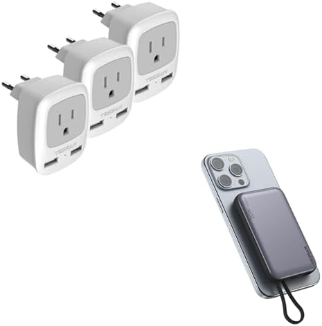 European Travel Plug Adapter 3 Pack, TESSAN International Power Adaptor 2 USB, Type C Outlet Adapter Charger, Magnetic Portable Charger 10000mAh, Battery Pack for iPhone 15/14/13/12/Mini/Pro/Pro Max