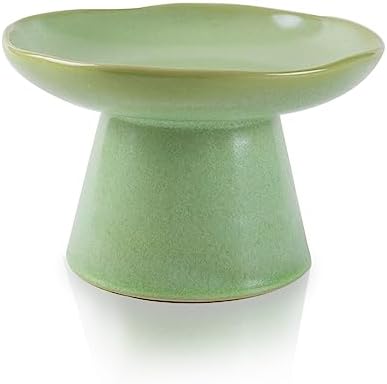 Wide Shallow 6.1" Raised Cat Bowls, Ceramic Elevated Food Bowl for Flat Faced Cats and Small Dogs, Porcelain Feeder Bowl, Stress Free, Protect Cat’s Spine, Green