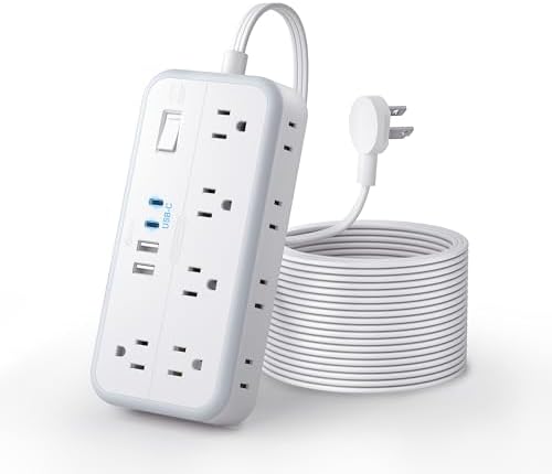 Flat Extension Cord 15 FT, NTONPOWER Surge Protector Power Strip with 10 Widely Outlets 4 USB Ports (2 USB C), 3 Side, Overload Protection, 2700J, Wall Mount, Multiple Outlets for Home Office, White