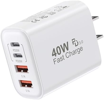 USB C Block 40W, 4 Ports Wall Plug Fast Charging Block, PD+QC Multiport Power Adapter USB C Charger Type C for iPhone 16,15,14,13,12,11, Pro Max, X, Xr, Xs, 8, 7, Watch, Galaxy Phones (White 1Pack)