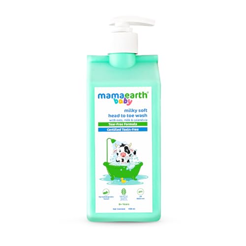 MAMAEARTH Milky Soft Head to Toe Baby Wash | 2-in-1 Body Wash & Shampoo | with Oats Milk & Calendula | Gently Cleanses & Moisturizes Skin & Hair | Tear-Free Formula | 13.53 Fl Oz (400ml)