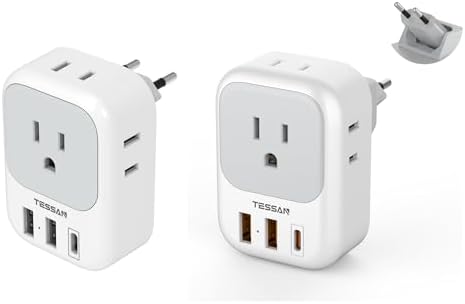 TESSAN European Travel Plug Adapter with 4 AC 3 USB (1 USB C), Foldable Plug Type C Power Adaptor with 4 AC 3 USB (1 USB C PD 20W), for US to Most of EU Spain France Italy Germany Portugal Iceland