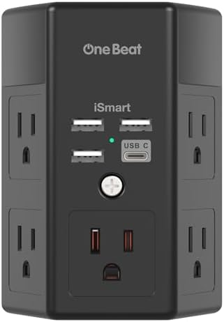 Surge Protector, 5 Outlets Extender with 4 USB Ports(USB C), 3-Side 1800J Power Strip Multi Plug Outlet Expander, USB Wall Charger, Outlet Splitter Adapter Wall Mount for Home Travel Office, Black