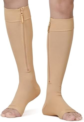 NURCOM Copper Compression Socks Wide Calf - 3X-Large Beige Opaque Open Toe Socks, Zipper Knee High Stockings 20-30 mmHg for Varicose Veins, Vein Thrombosis and Venous Insufficiency, Lymphedema, 3XL