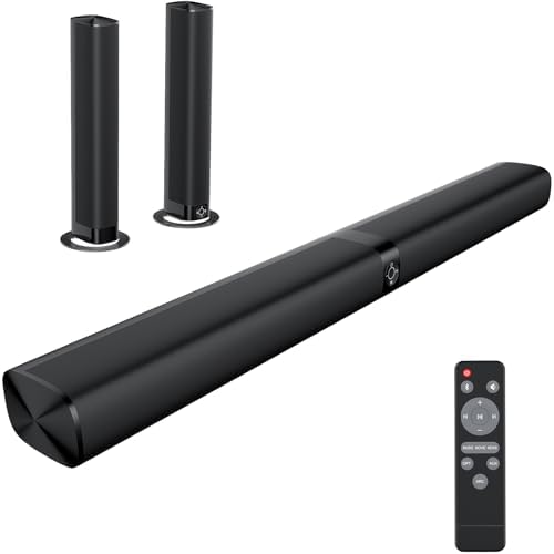 Sound Bar for Smart TV, 60W Soundbar with Bluetooth/ARC/Opt/AUX Connect, Auto Volume Boost, 3 Equalizer Modes, 2 in 1 Detachable Soundbar for TV/PC/Gaming/Projectors