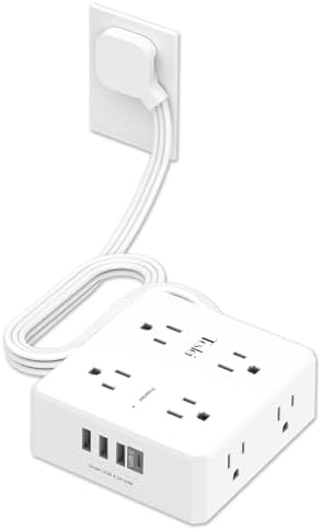 6 Ft Flat Extension Cord, Tcstei Ultra-Thin Flat Plug Surge Protector Power Strip, 3-Sided Outlet Extender, 8 AC Outlets and 4 USB Ports(1 USB C) for Home, Office, Dorm Room Essentials, ETL, White