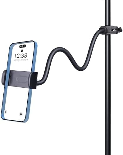 LMS Mic Stand Phone Holder, Flexible Phone Holder for Microphone Stand, iPhone Music Stand Holder Mount, Mic Stand Cell Phone Clip for iPhone 15 14 13 12 Pro Max Samsung Galaxy Pixel (Long, 16”)