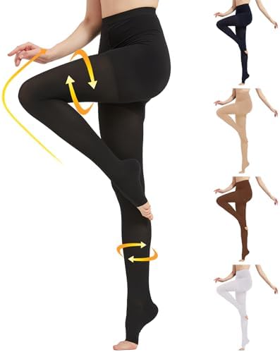 MGANG Medical Compression Pantyhose for Women & Men, 15-20mmHg Graduated Compression Support Tights, Open Toe, Opaque Waist High Compression Stockings for Edema, Varicose Veins, Flight, DVT, Black M