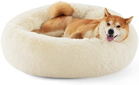 Bedsure Calming Dog Bed for Medium Dogs - Donut Washable Medium Pet Bed, Anti-Slip Round Fluffy Plush Faux Fur Cat Bed, Fits up to 45 lbs Pets, Oat Milk, 30 inches