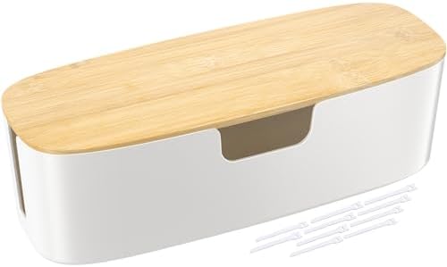 Large Cable Management Box - Cord Organize Box with Bamboo lid for Safe Home & Office, Cord Hider for Power Strip Under Desk, Cover TV Wires, Child & Pet Proof Cord Box, White