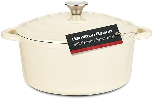 Hamilton Beach Enameled Cast Iron Dutch Oven 5.5-Quart Cream, Cream Enamel Dutch Oven Pot with Lid, Cast Iron Dutch Oven with Even Heat Distribution, Safe Up to 400 Degrees, Durable
