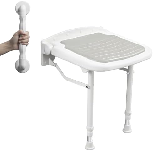 Wall Mounted Shower Seats with Bathroom Grab Bar, Support 550lbs, Adjustable Height Fold Down Shower Seat Wall Mounted, Folding Shower Bench Wall Mounted for Elderly-Adults-Pregnants-Seniors-Disabled