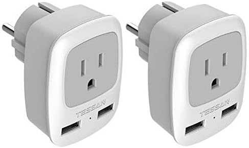 TESSAN Type F Plug Adapter 2 Pack, Germany France Power Adapter with 2 USB Ports, Outlet Adaptor for US to Most of Europe EU Spain Iceland German French Russia Korea Norway Greece