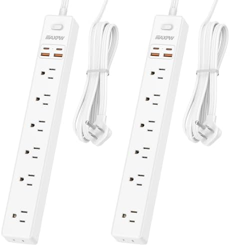 2 Pack Power Strip Surge Protector - 7 Outlets 4 USB Ports (2 USB C), 6 Ft Ultra Thin Flat Plug Extension Cord, 1875W/15A, 1700 Joules, Wall Mount for Home Office Dorm, White