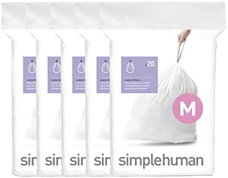 simplehuman Code M 100 Count, Genuine Custom Fit Liners, Drawstring Trash Bags in Dispenser Packs, 45 Liter / 11.9 Gallon, White
