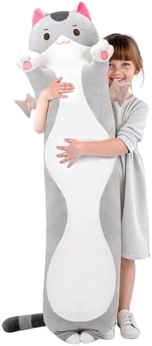 Long Cat Plush 5 Sizes, 120% Extra Filling Giant Plushness Kids Body Pillow, Kawaii Cute Grey Cat Stuffed Animals Plushies, Big Long Body Pillow Cat Plush Gift for Girls 20”