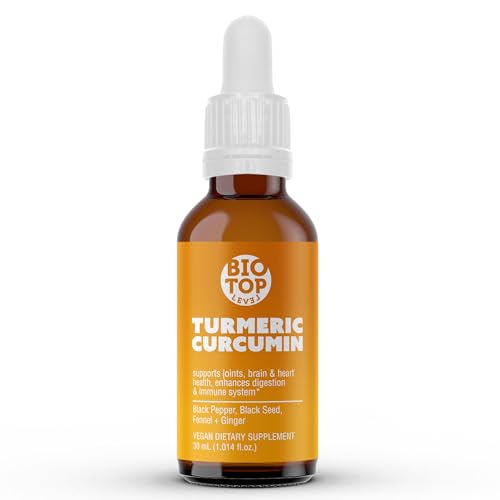 BIOTOPLEVEL Liquid Turmeric Curcumin Plus Natural Organic Black Pepper. Maximum Absorption. Supports Normal Response to Inflammation. Improves Brain Function. Enhances Immunity. Improves Digestion.
