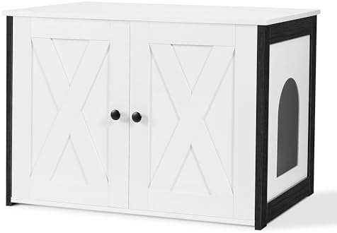 Dwanton Litter Box Enclosure, Cat Litter Box Furniture Hidden, Reversible Entrance Can Be on Left or Right Side, Wooden Cat Washroom Indoor, Fit Most of Litter Box, White